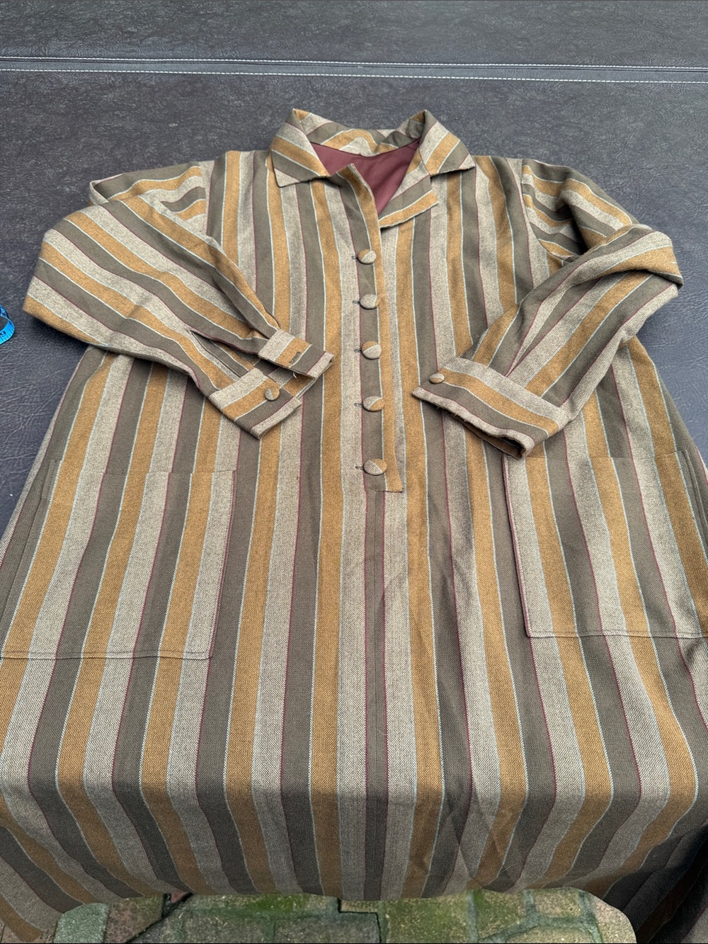 Vintage Striped Long Button-Front Dress Coat in Mustard and Brown handmade brown - Picture 10 of 12